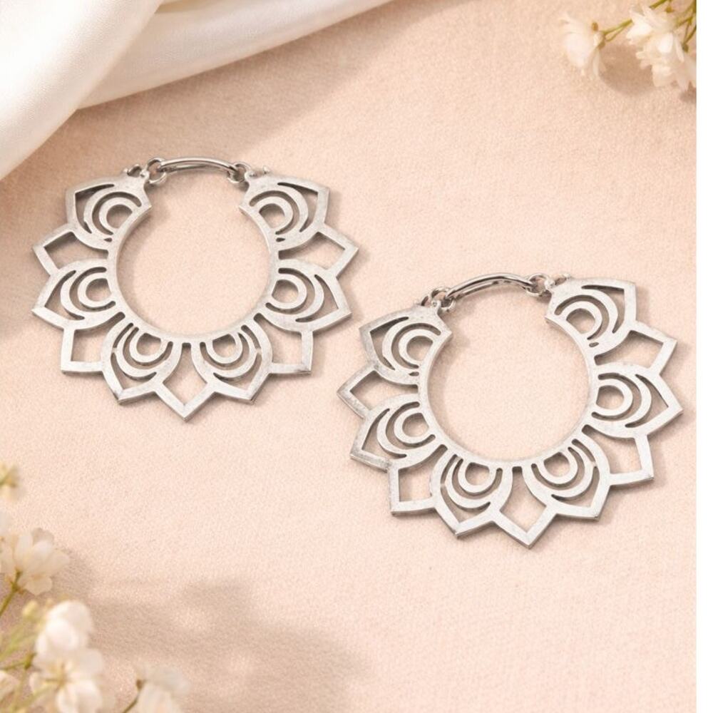 Stainless Steel Silver Lotus Flower Hoop Earrings Boho